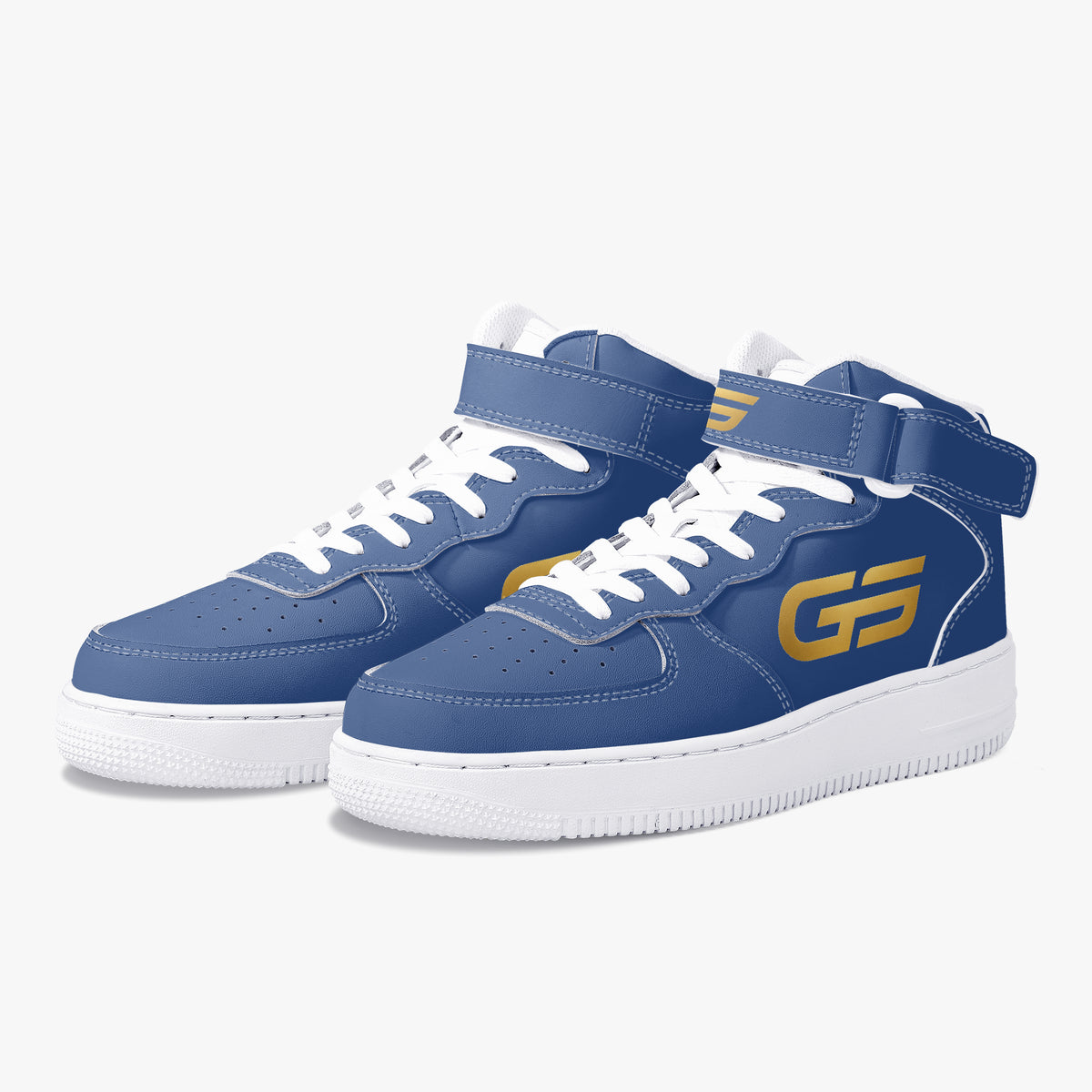 Découvrez la GS HIGH 01 BLUE/GOLD de GOMS UNITED, une sneaker montante unisexe bleue et dorée au style streetwear premium