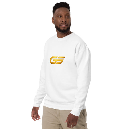 Sweatshirt blanc GOMS UNITED porté, manches longues, logo doré sur la poitrine.